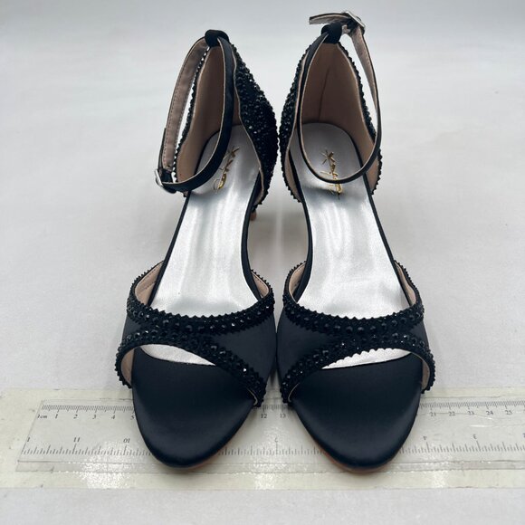 XYD Black Open Toe Rhinestones Ankle Strap Sandals Low Heel Bridal Evening Shoes - Picture 3 of 8